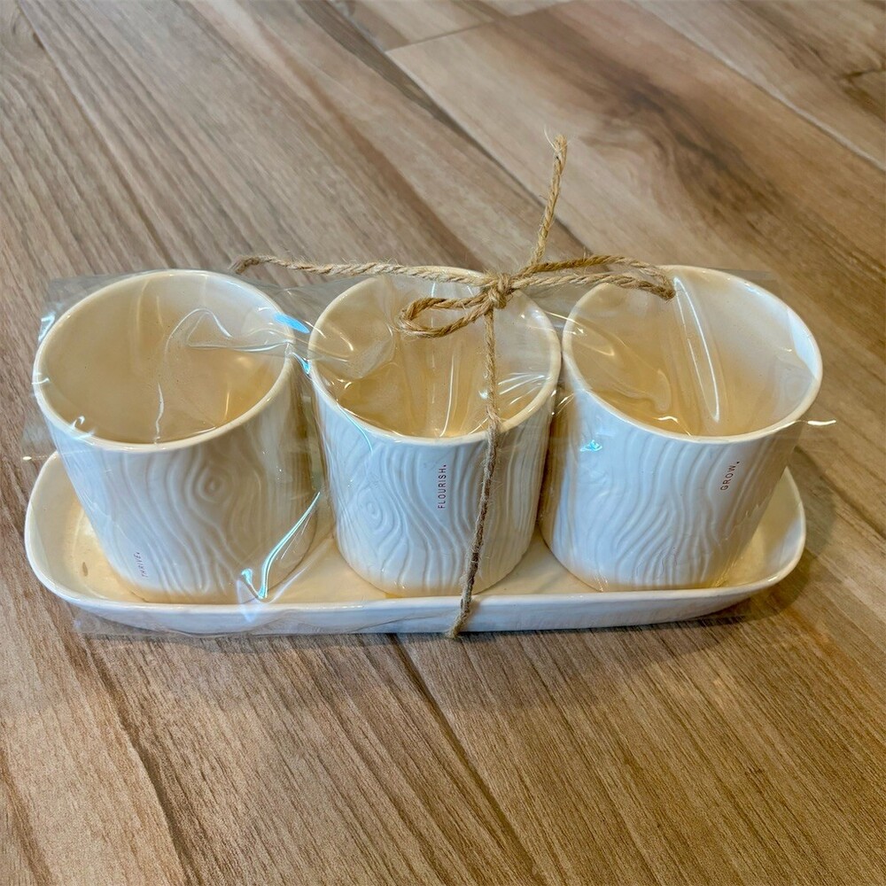 Rae Dunn Planter Set of 3 White Woodgrain Embossed w/ Tray GROW THRIVE